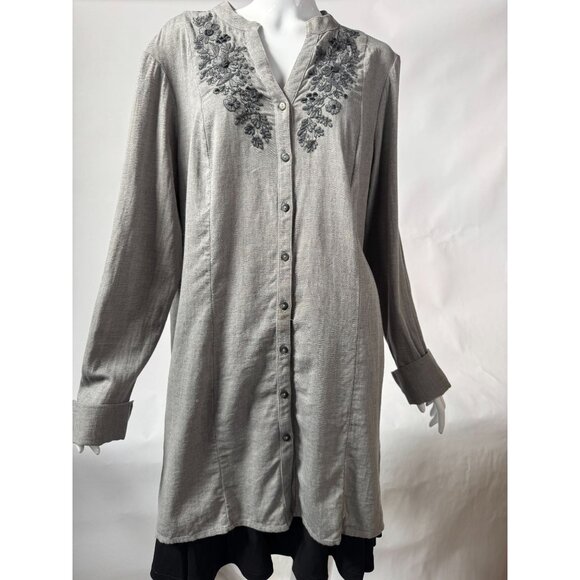 Coldwater Creek XL Embroidered Button-Front Tunic Top Gray 100% Cotton Long Slee - Picture 12 of 16
